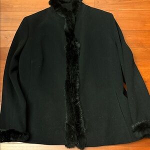 Casual Corner Black Teddy Jacket with Fur Trim